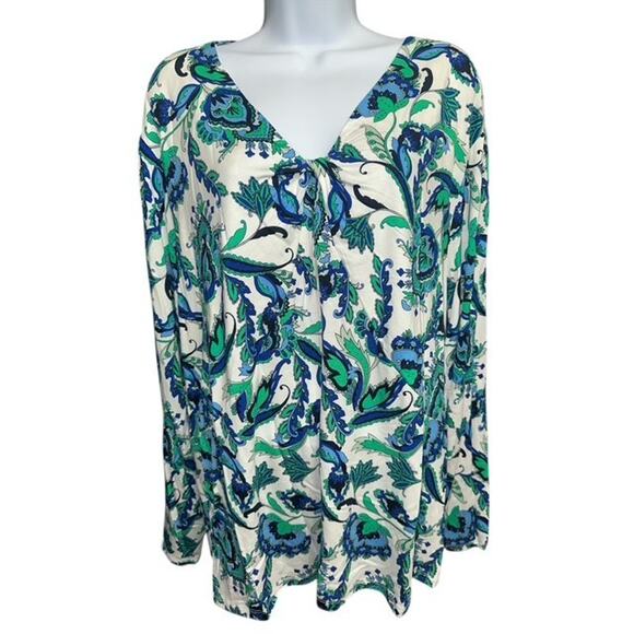 Liz Claiborne 3X Top Blue Green Pretty Paisley Floral V-Neck Stretch Long Sleeve - Picture 1 of 4